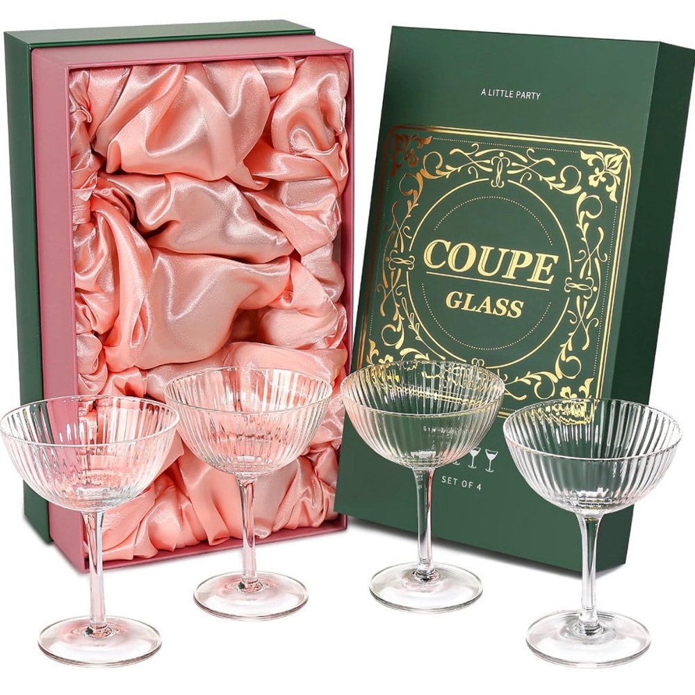 Coupe Glass Set of 4 with Pink Satin Gift Box Martini Glasses Cocktail Set Party